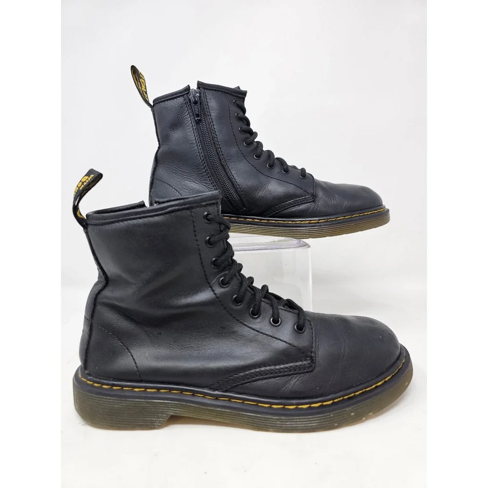 Dr Martens 1460 J Kids Boots Black Leather Side Zip Lace Up Yellow Stitch Sz‎ 4M